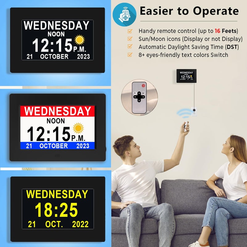 VÃ©faÃ®Ã® [New Version] 7 Inch Day Clock - 19 Alarms,20 Custom Reminder, Remote Control, Level 10 Auto Dimmable Display Calendar Clock, Non-Abbreviated Day Date Alarm Clock for Impaired Vision Dementia Seniors - Image 3